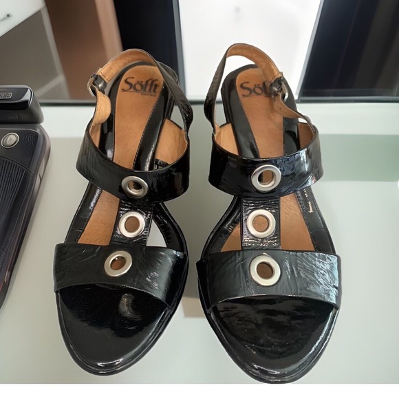 Sofft Shoes - Sofft Wedge Sandals Women 8.5M Black Patent Leather Grommet Cork Slingback Heels